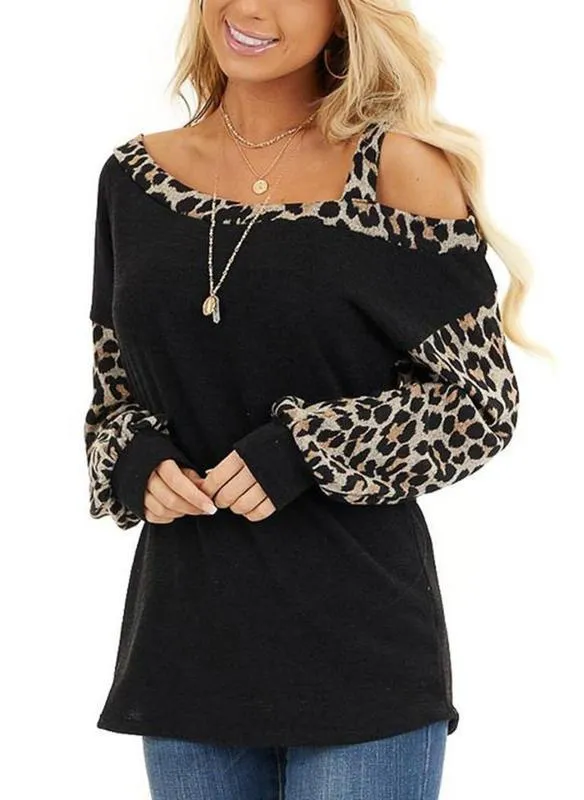 Anna's Leopard One-Shoulder Long Sleeve Casual T-Shirt