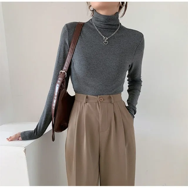 Autumn Women Pullover Tops Female Knitted Sweaters Solid Concise Turtleneck Elasticity Elegant Office Lady Casual All Match