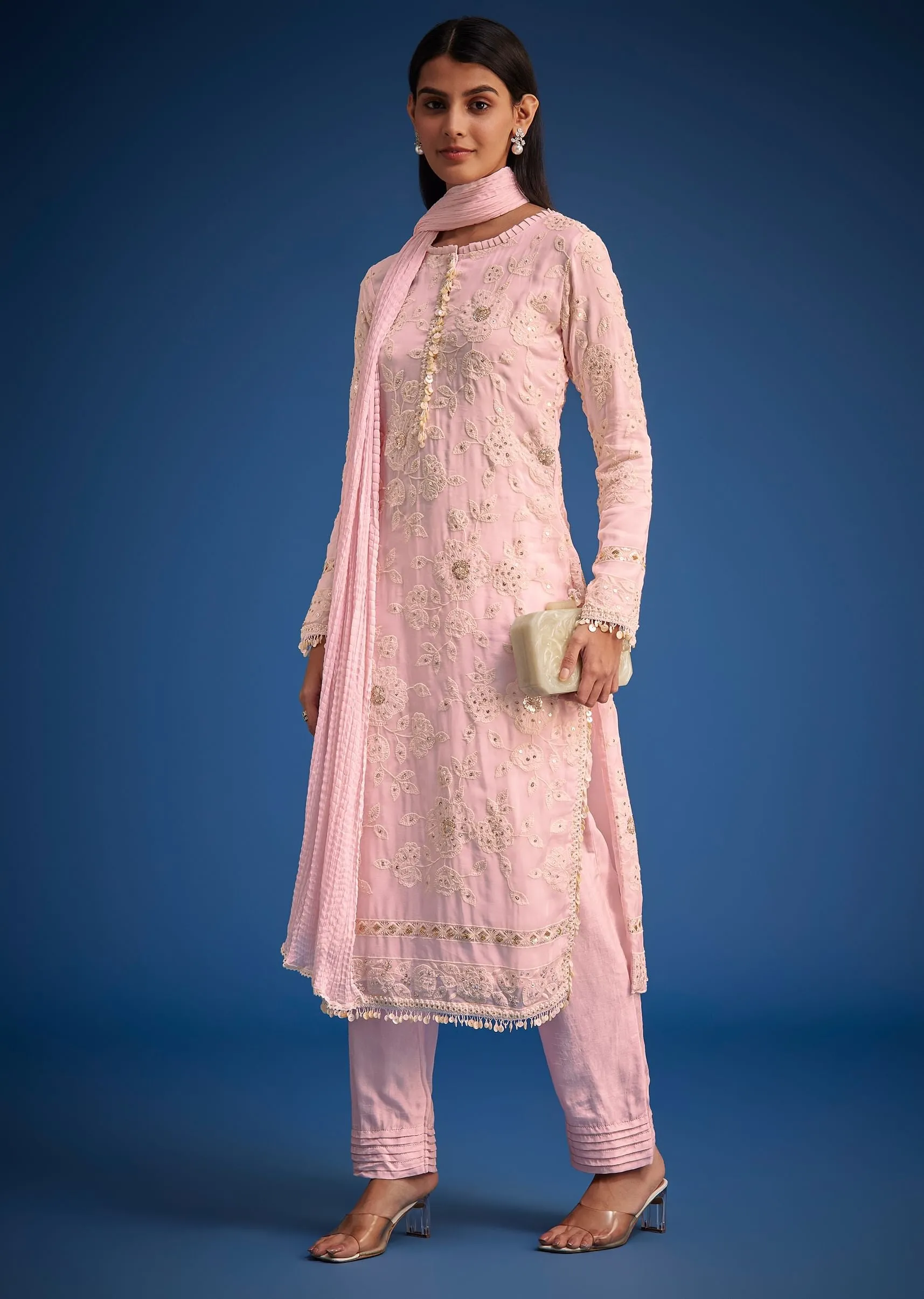 Baby Pink Organza Embroidered Straight Kurta Set