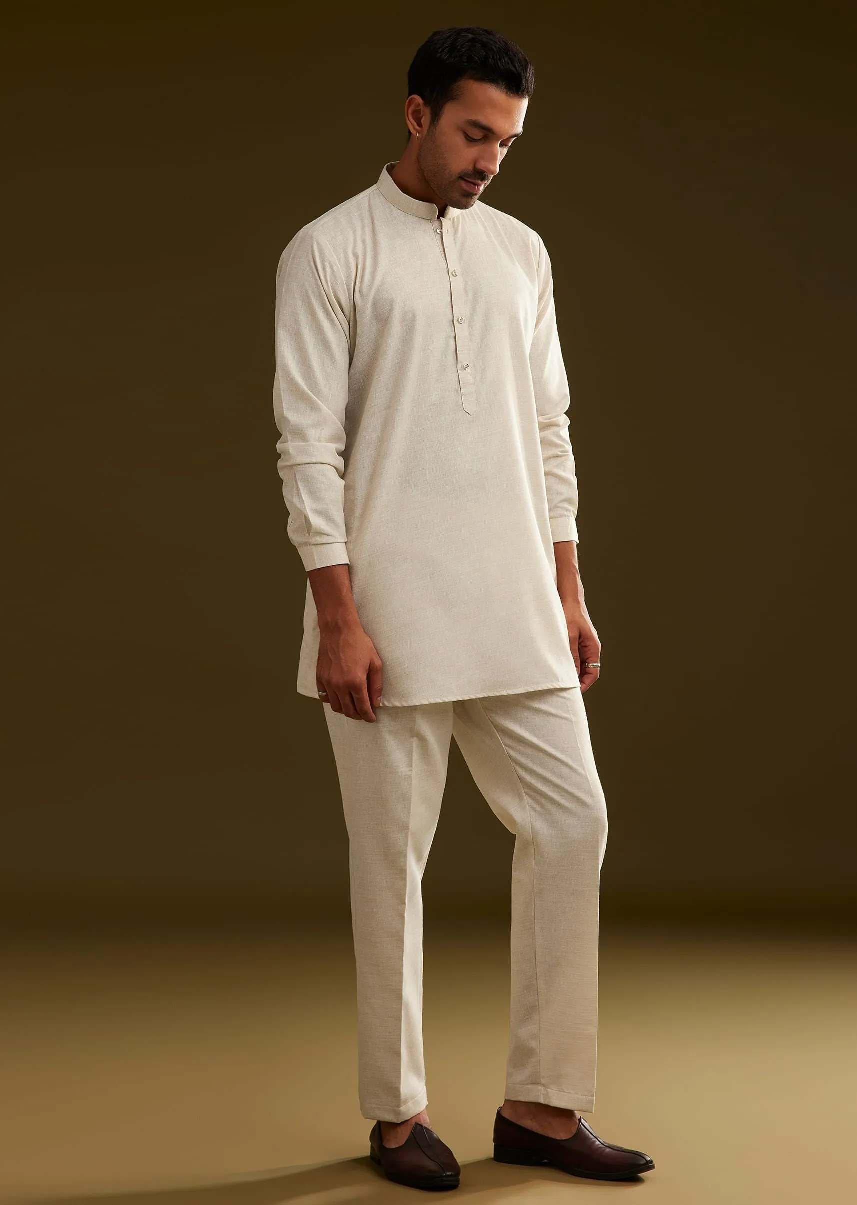 Beige Jacket Kurta Set With Resham And Sequins Work