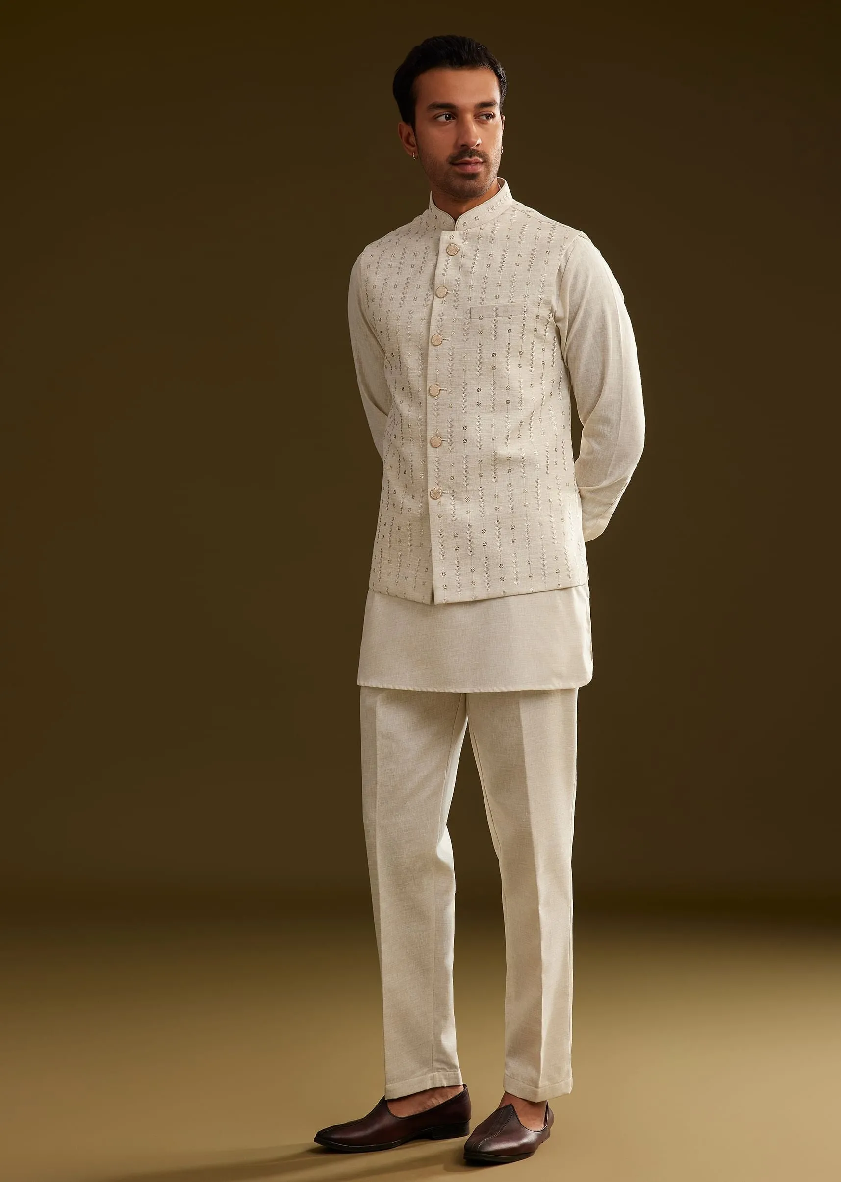 Beige Jacket Kurta Set With Resham And Sequins Work