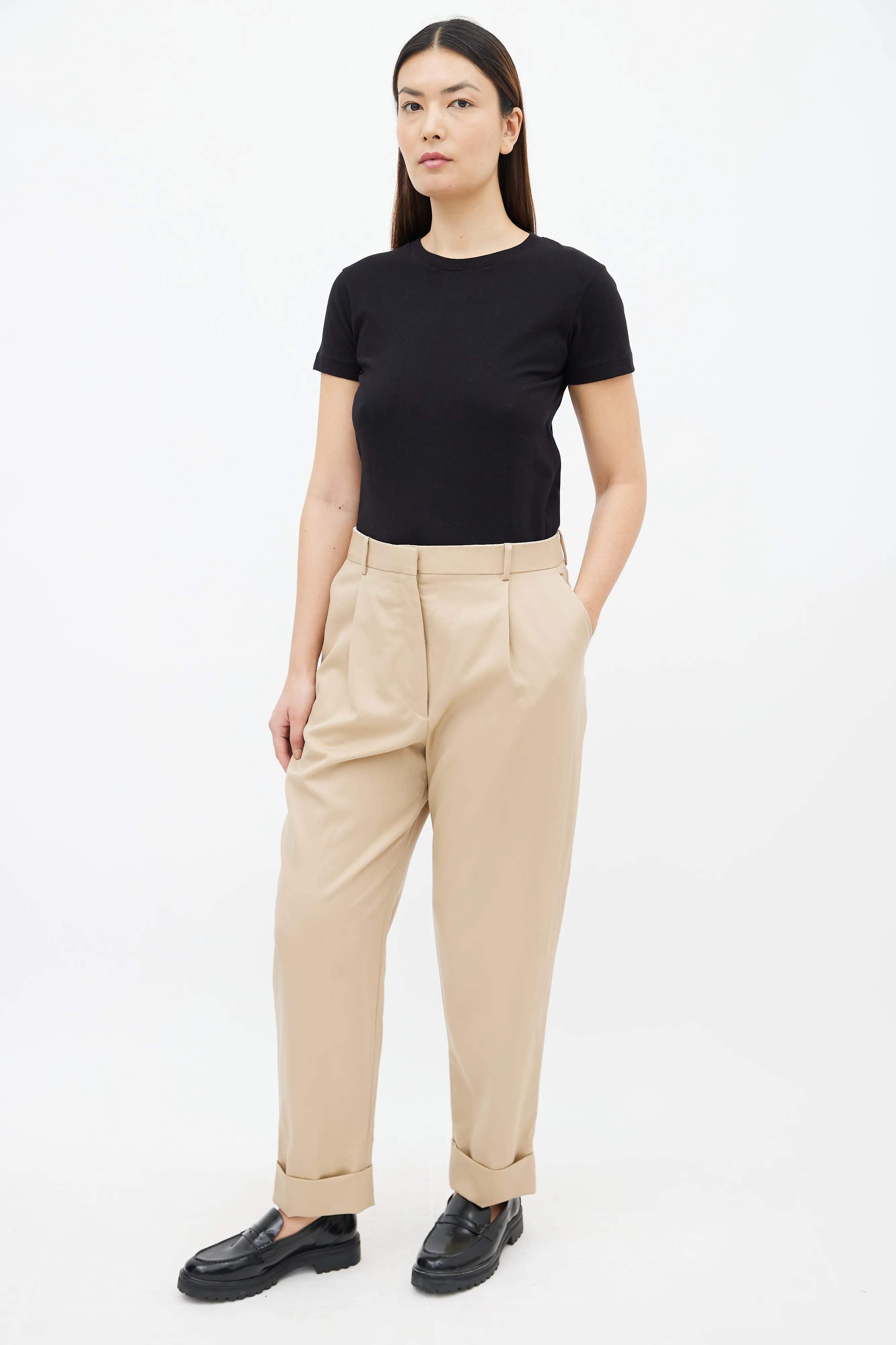 Beige Wool Straight Leg Trouser