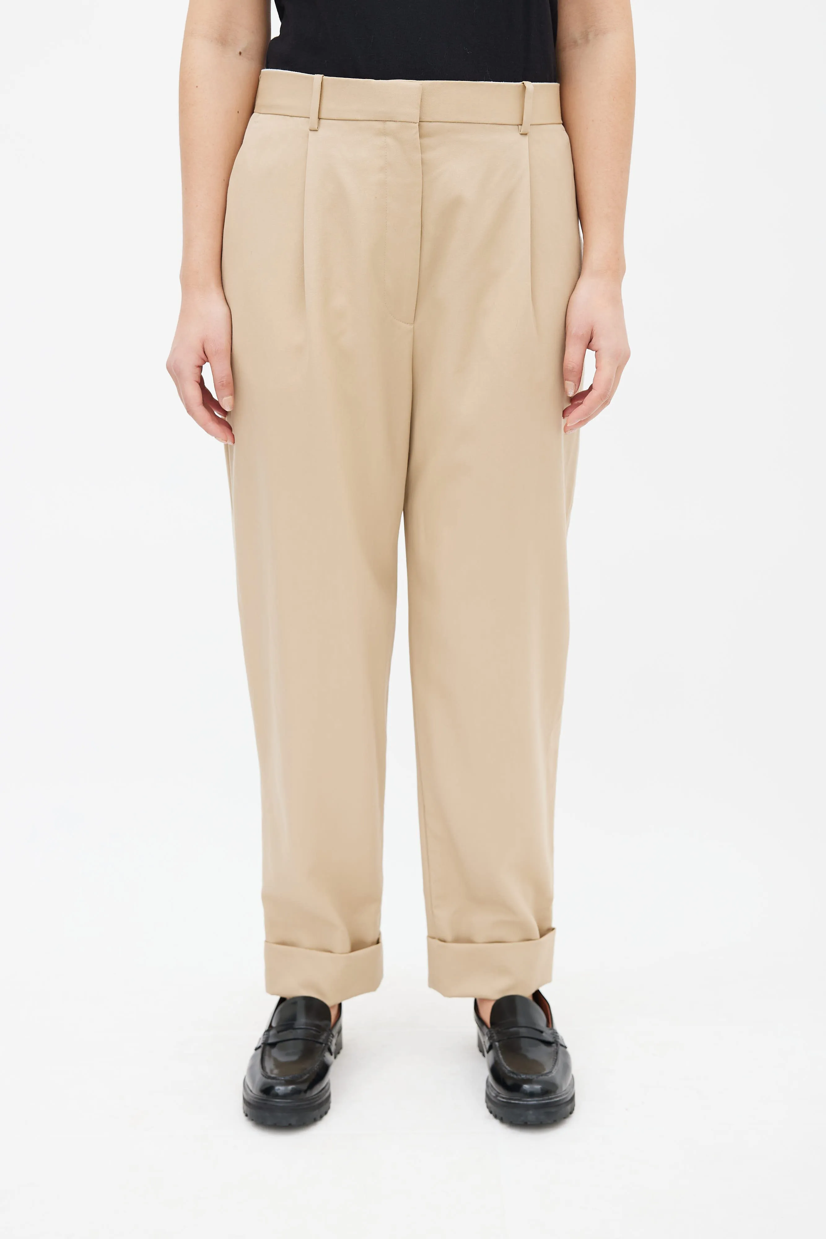 Beige Wool Straight Leg Trouser