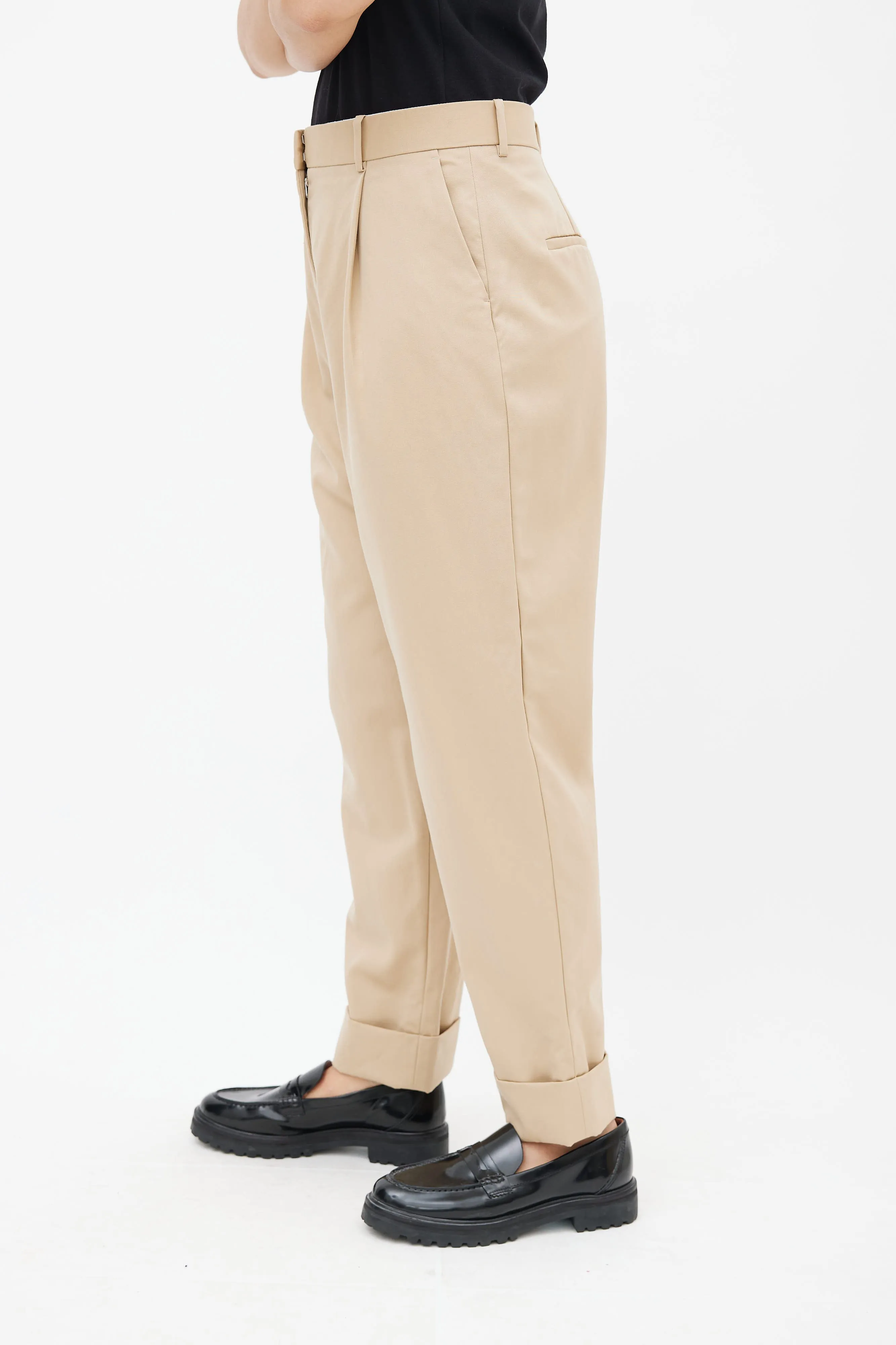 Beige Wool Straight Leg Trouser