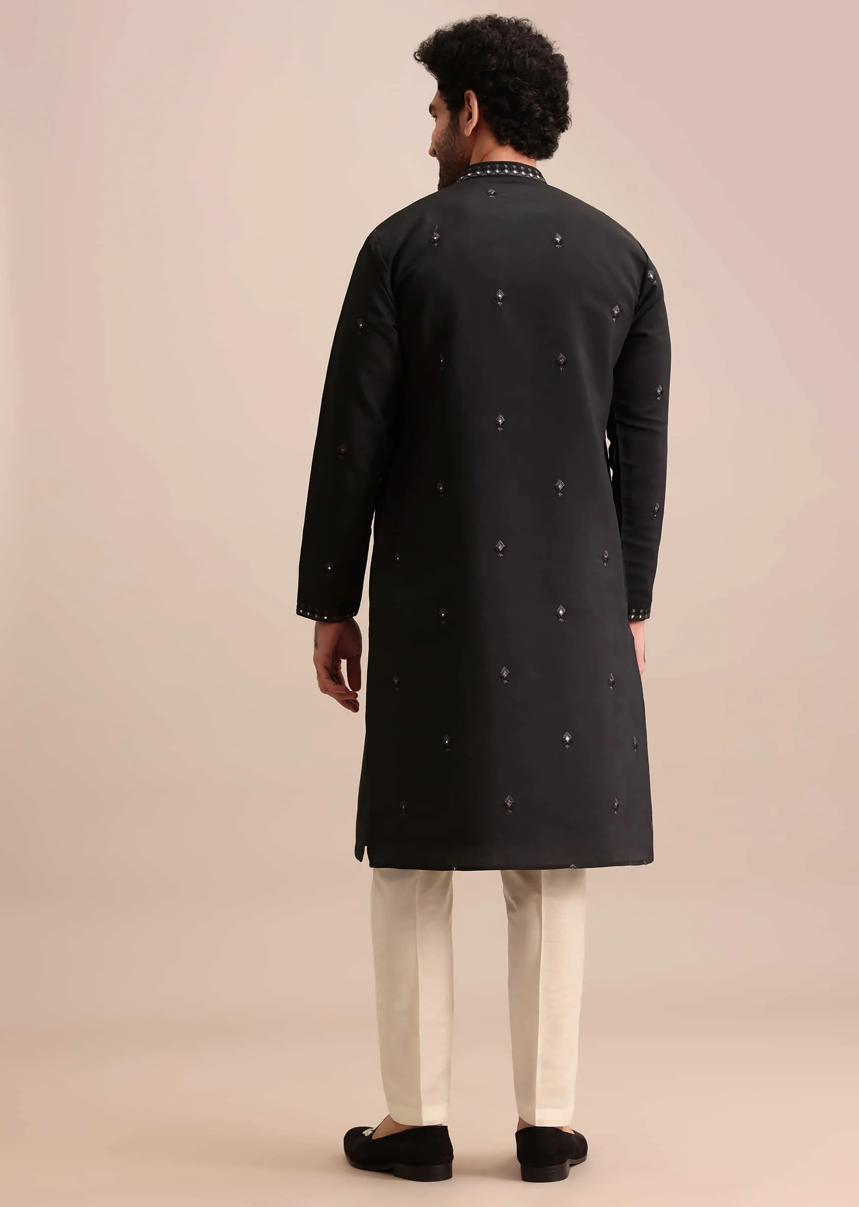 Black Silk Kurta Set With Thread Work For Men