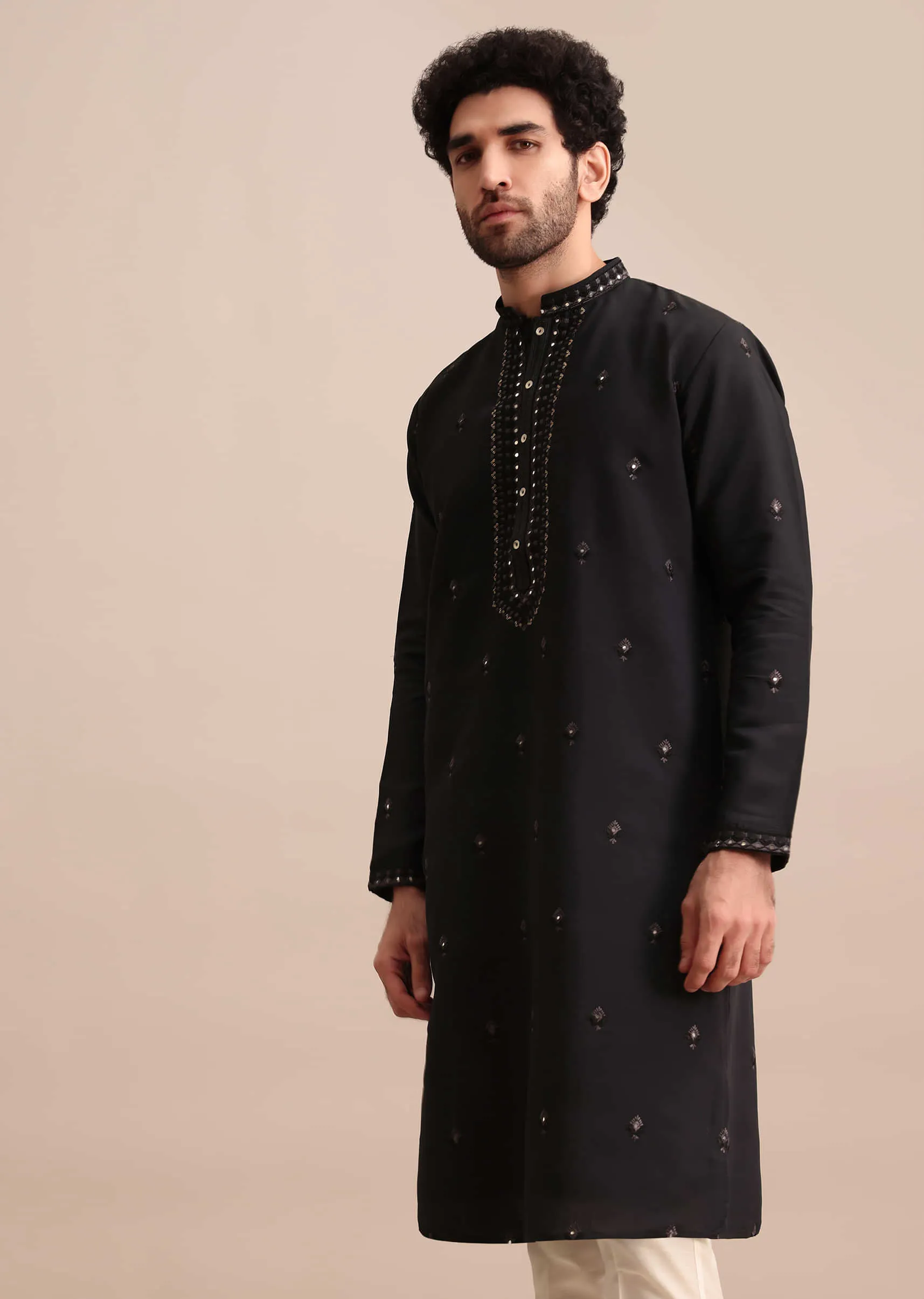 Black Silk Kurta Set With Thread Work For Men