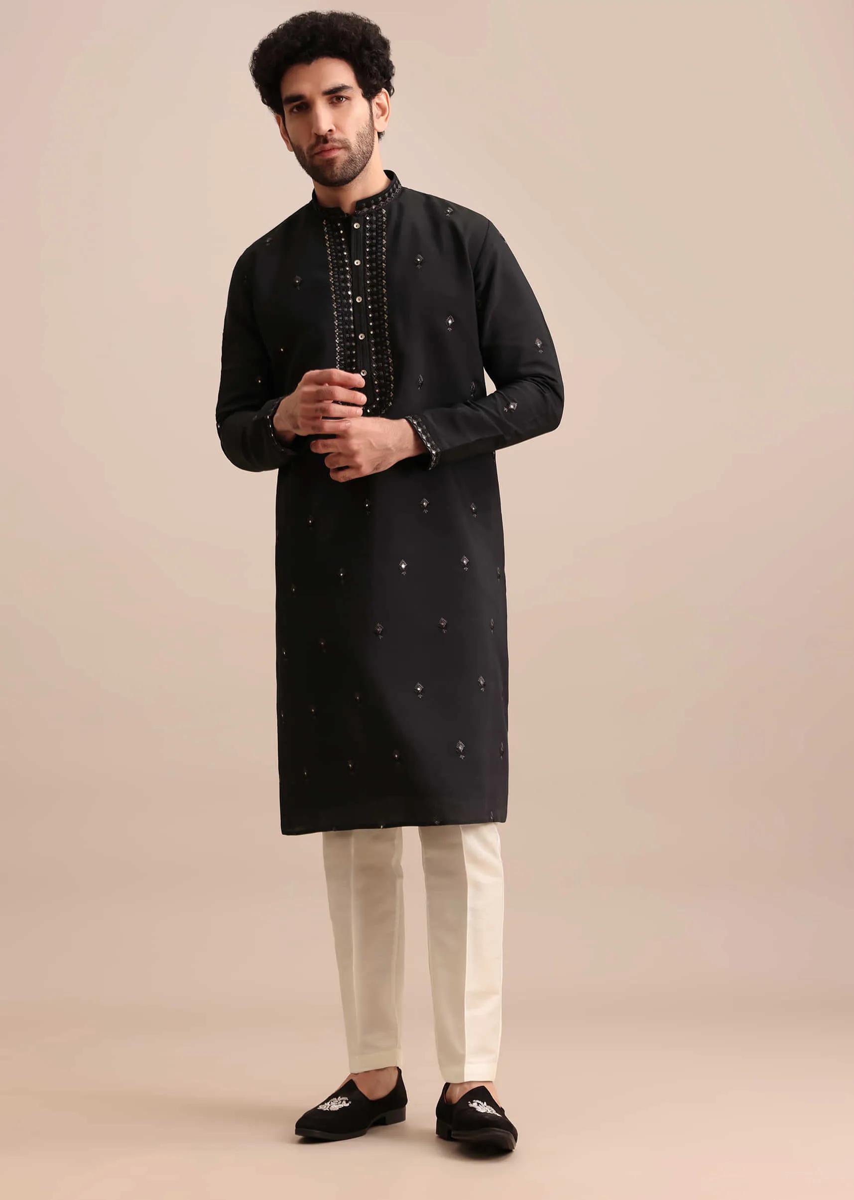 Black Silk Kurta Set With Thread Work For Men