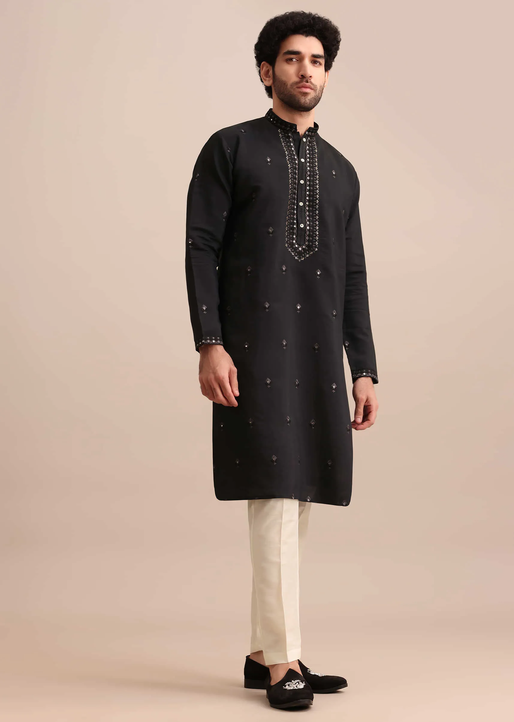 Black Silk Kurta Set With Thread Work For Men