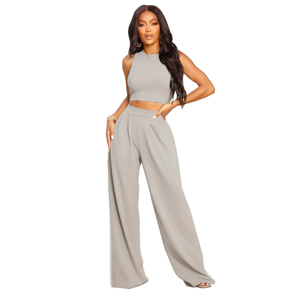Cropped Tank Top Straight Flare Pants Casual Sports Two-Piece Set