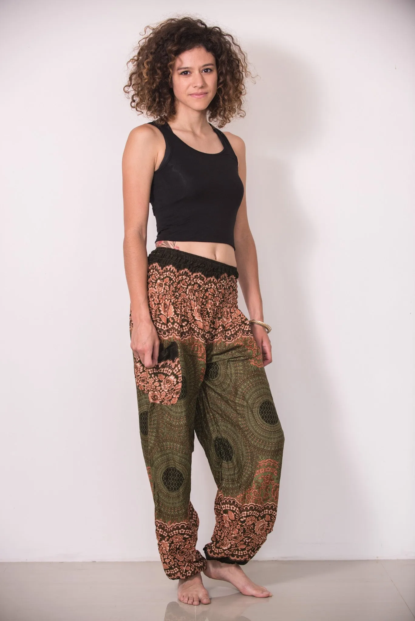 Geometric Mandalas Women's Harem Pants in Olive
