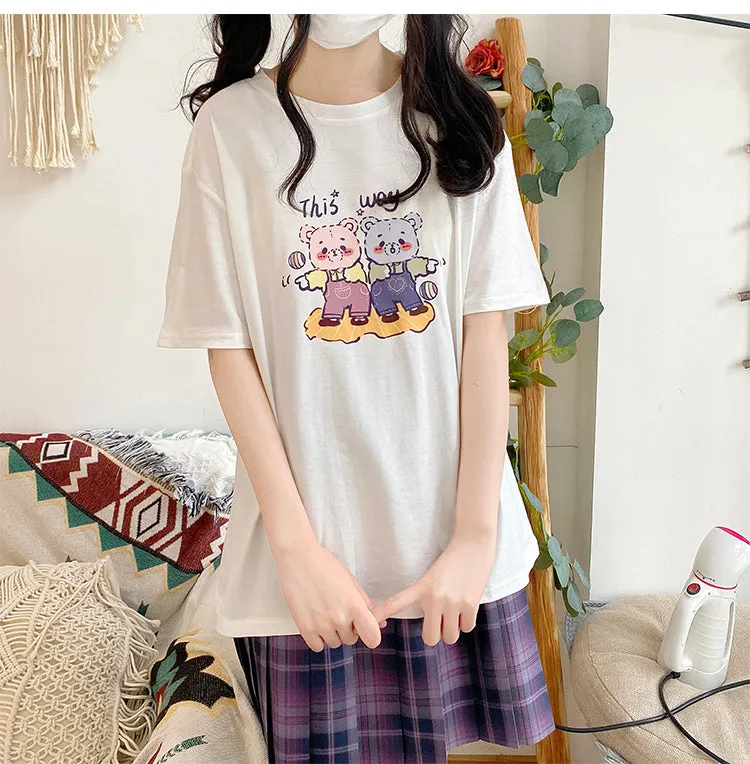 Kawaii Soft Girl Style Pink Cartoon Bear Print T-shirt