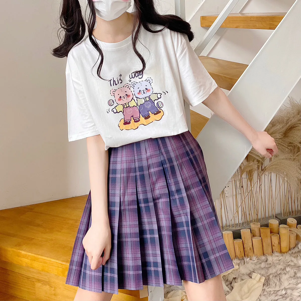 Kawaii Soft Girl Style Pink Cartoon Bear Print T-shirt