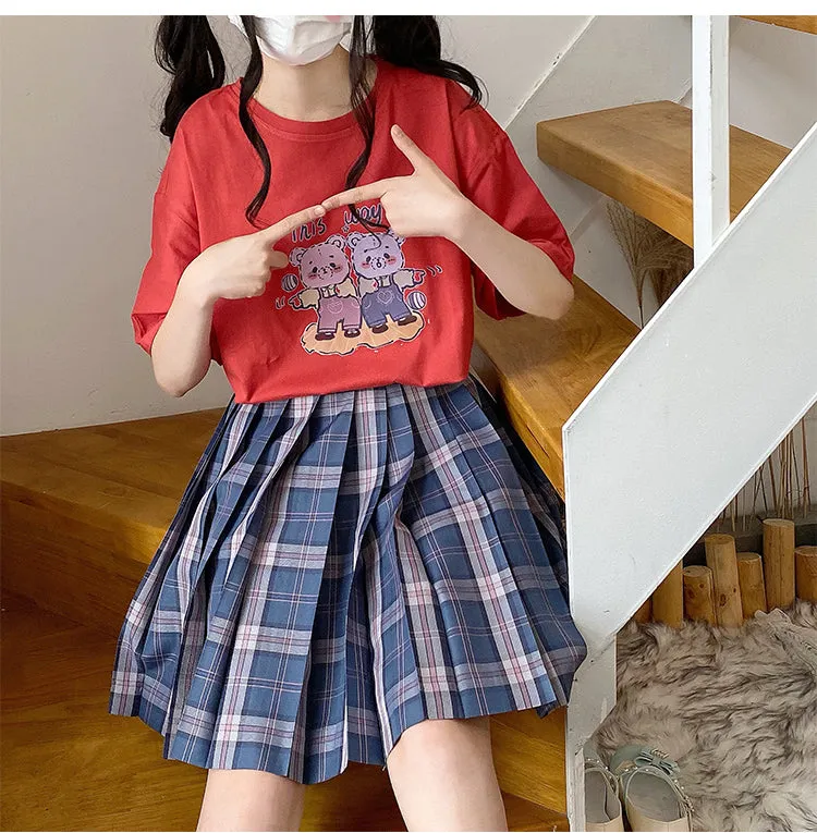Kawaii Soft Girl Style Pink Cartoon Bear Print T-shirt