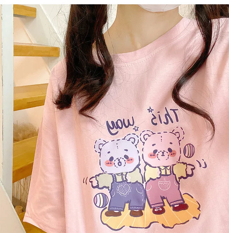 Kawaii Soft Girl Style Pink Cartoon Bear Print T-shirt