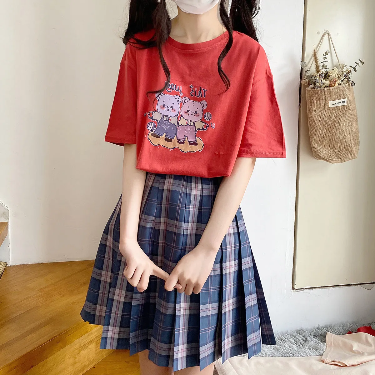 Kawaii Soft Girl Style Pink Cartoon Bear Print T-shirt