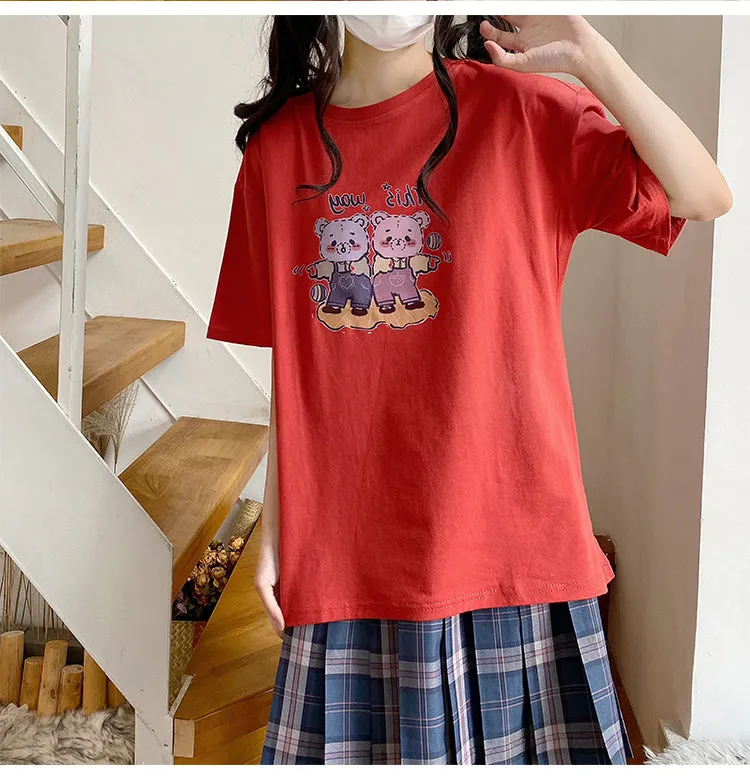 Kawaii Soft Girl Style Pink Cartoon Bear Print T-shirt