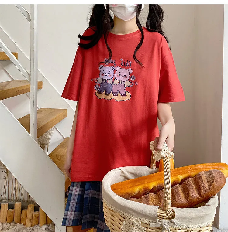 Kawaii Soft Girl Style Pink Cartoon Bear Print T-shirt