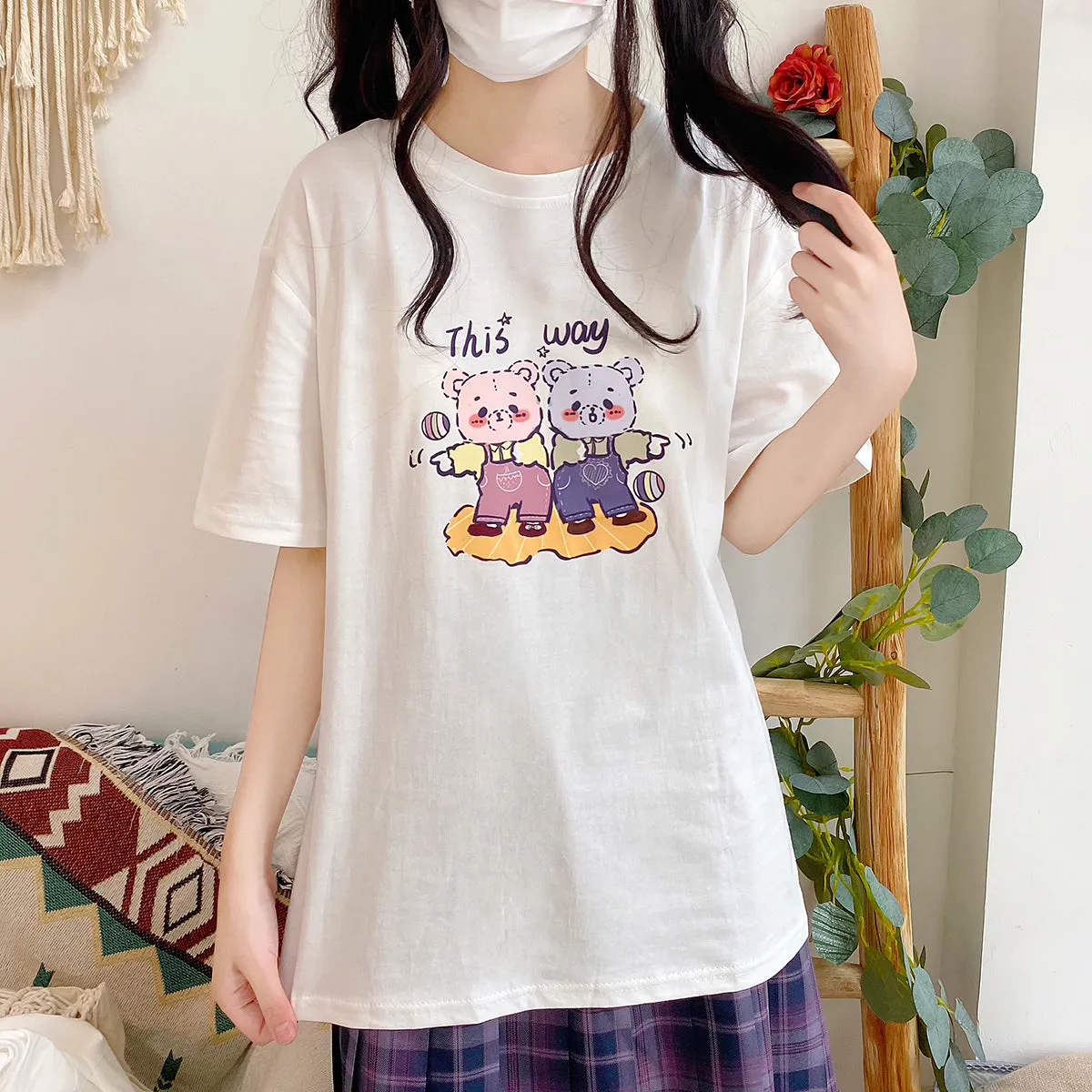 Kawaii Soft Girl Style Pink Cartoon Bear Print T-shirt