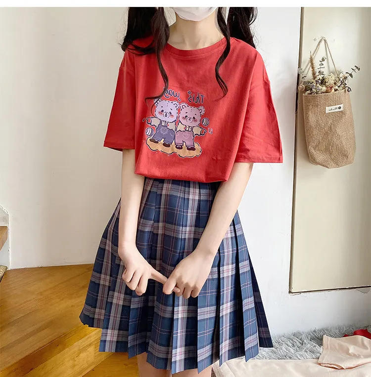 Kawaii Soft Girl Style Pink Cartoon Bear Print T-shirt