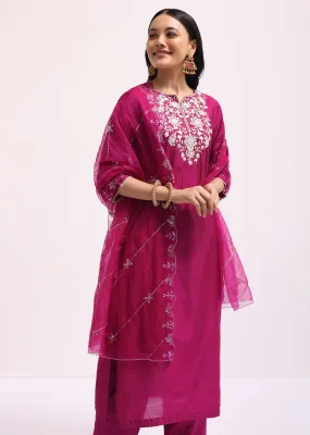Magenta Silk Kurta Pant Set With Resham Work