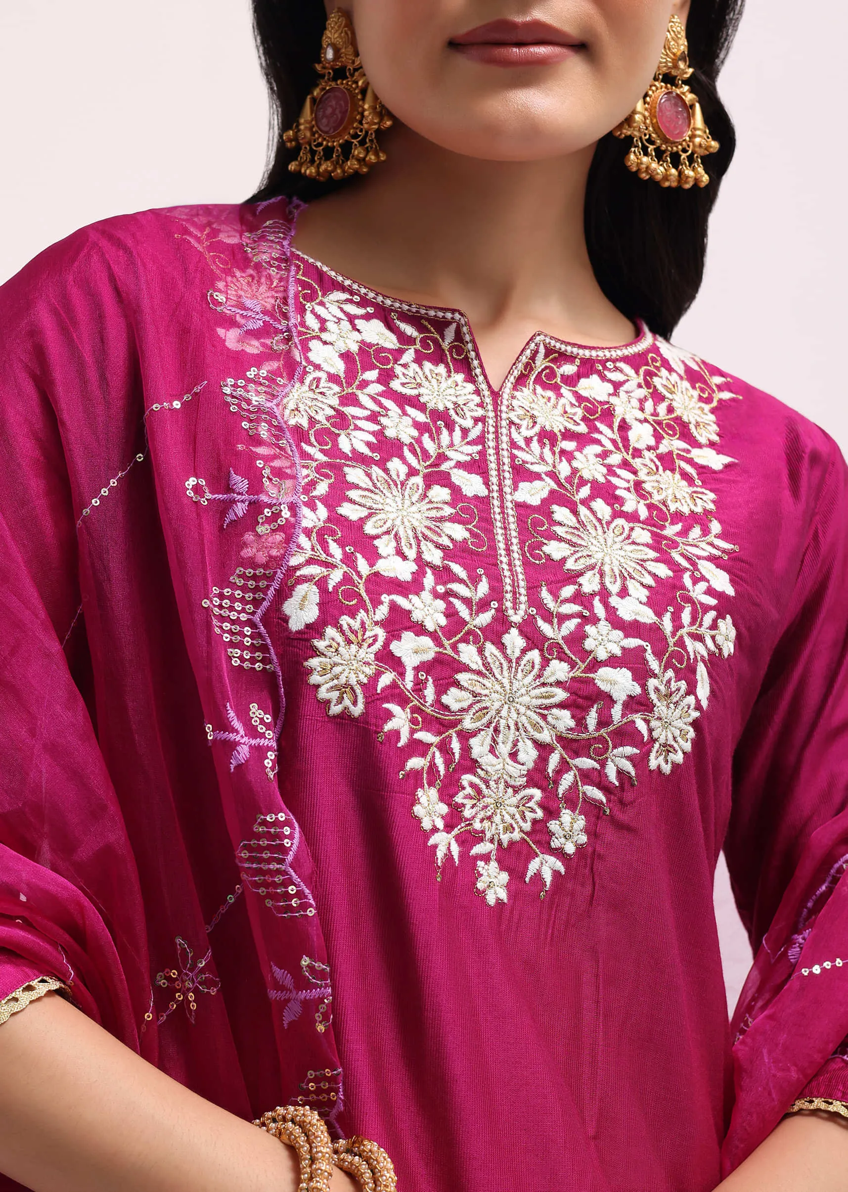 Magenta Silk Kurta Pant Set With Resham Work