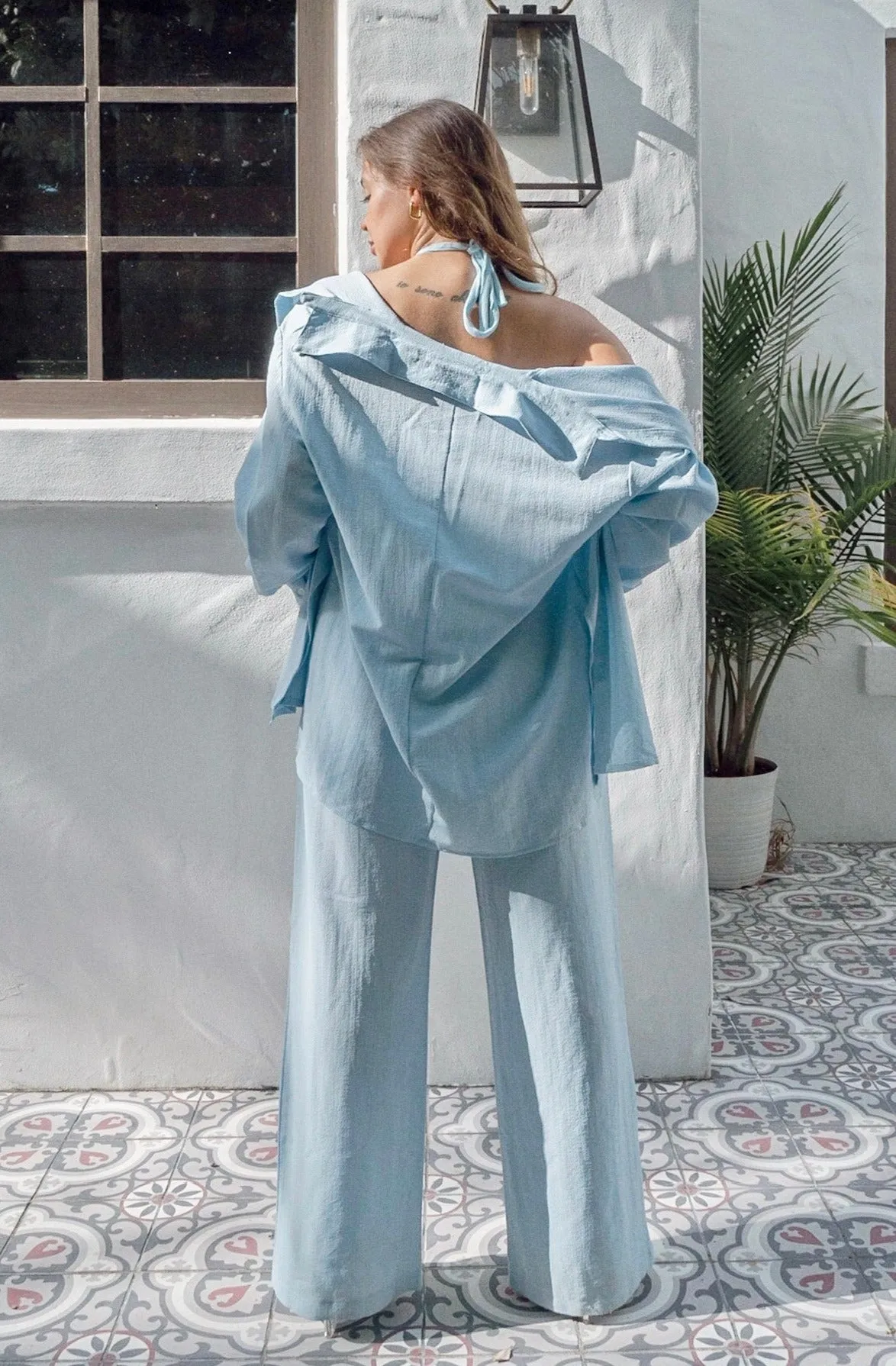 'Montauk' 3 Piece Button Down and Halter Pant Set in Dusty Blue