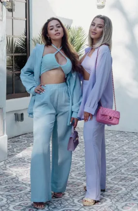 'Montauk' 3 Piece Button Down and Halter Pant Set in Dusty Blue
