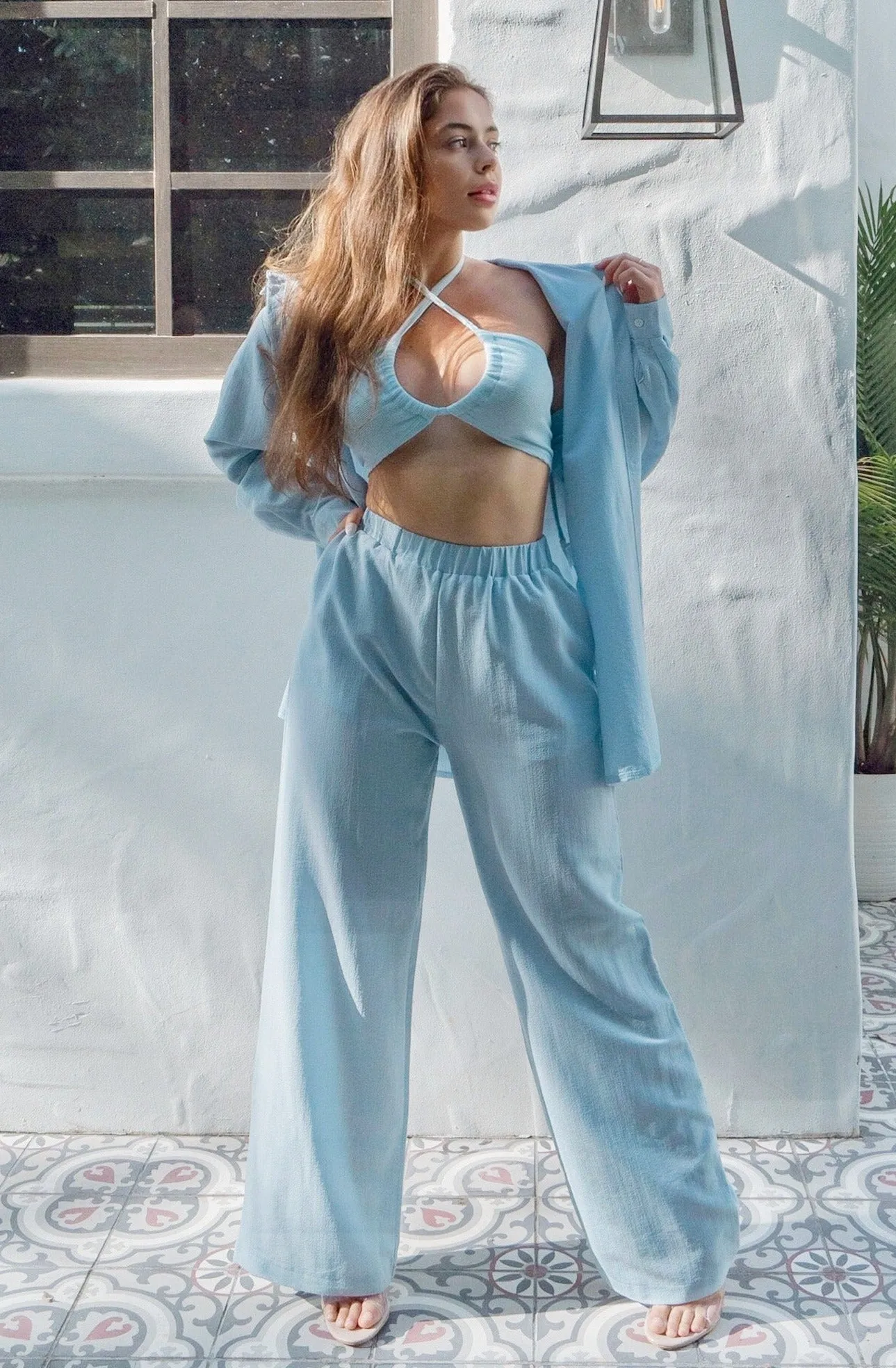 'Montauk' 3 Piece Button Down and Halter Pant Set in Dusty Blue