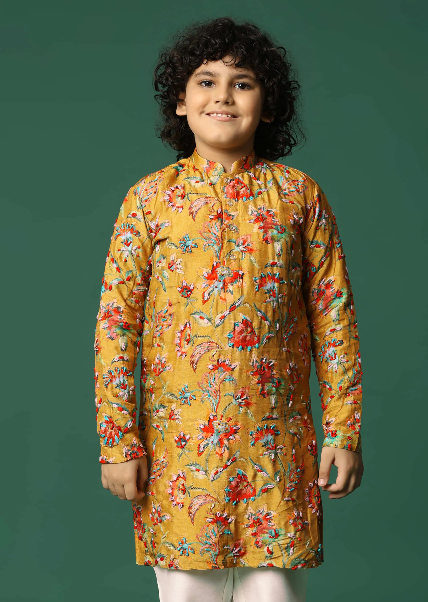 Mustard Yellow Floral Kurta Pant With Resham Work For Boys