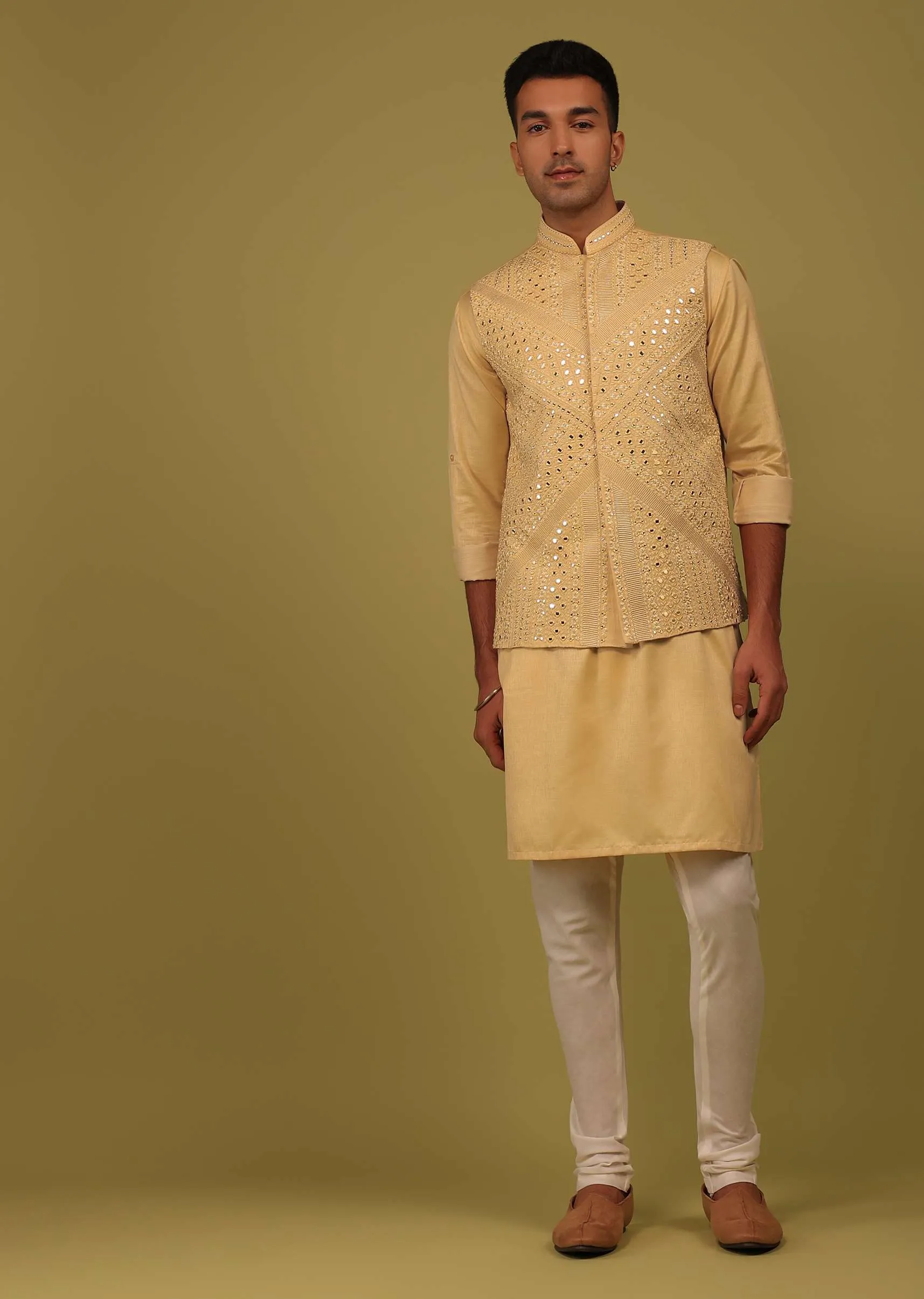 Mustard Yellow Silk Mirrorwork Bandi Jacket Set