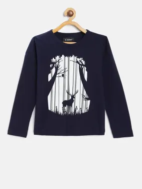 Navy Jungle And Deer Printed Cotton T-shirt