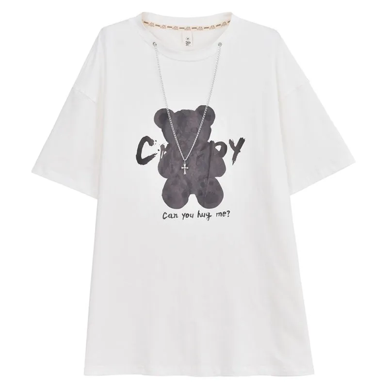 Summer Cartoon Bear Print Mid-length T-shirt