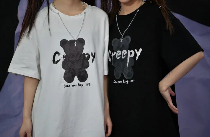 Summer Cartoon Bear Print Mid-length T-shirt