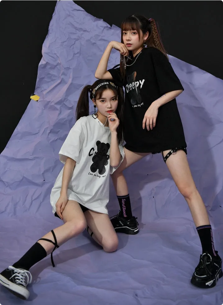 Summer Cartoon Bear Print Mid-length T-shirt