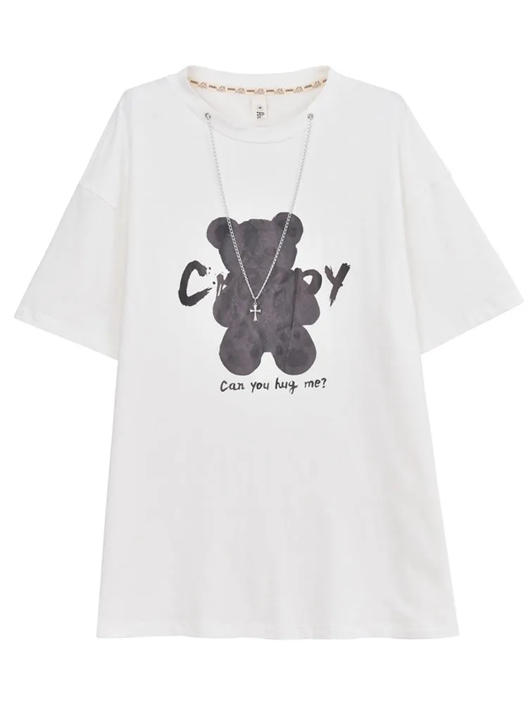 Summer Cartoon Bear Print Mid-length T-shirt
