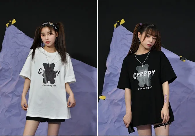 Summer Cartoon Bear Print Mid-length T-shirt
