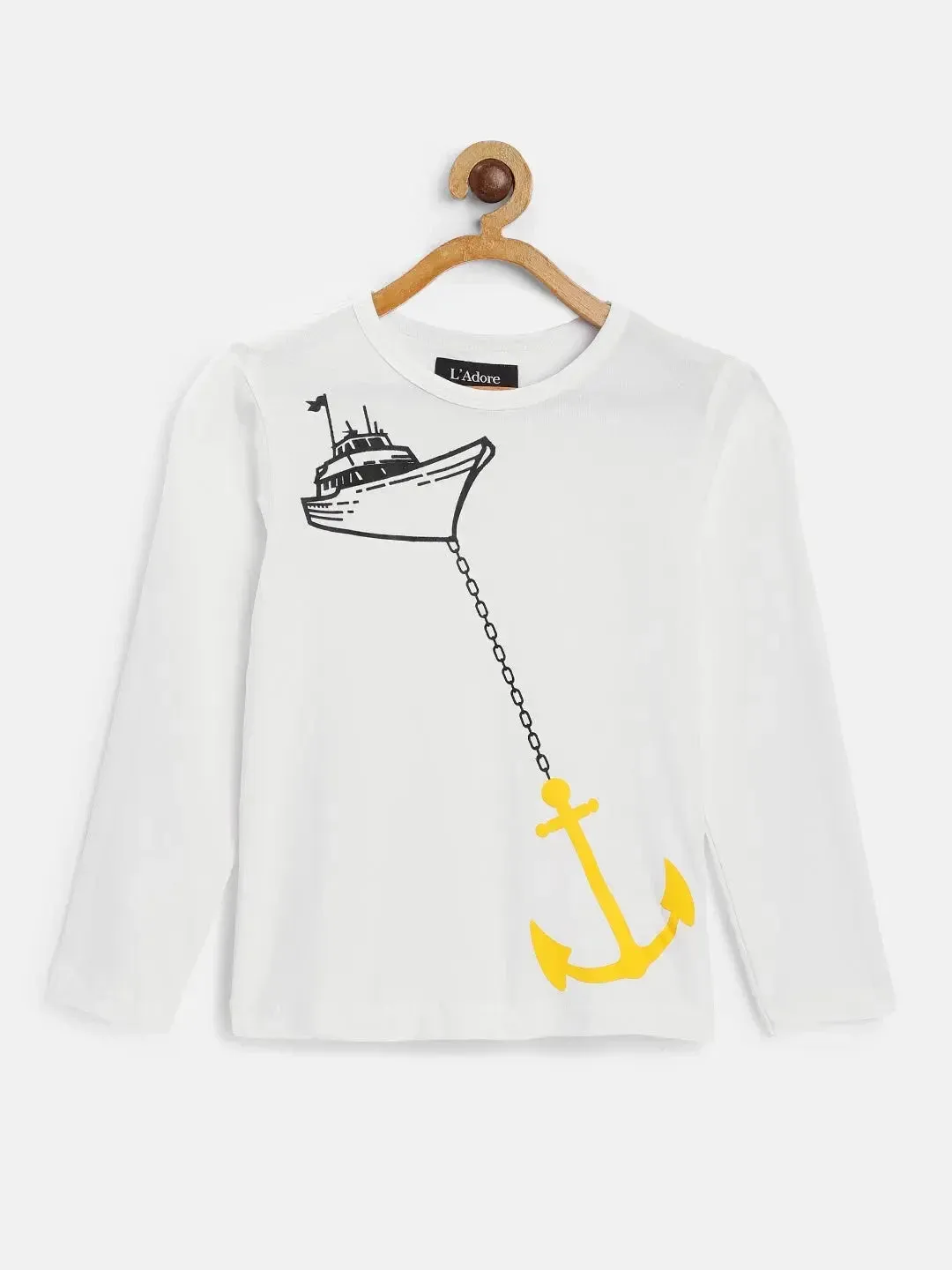 White Anchor Graphic Printed Round Neck Cotton T-shirt